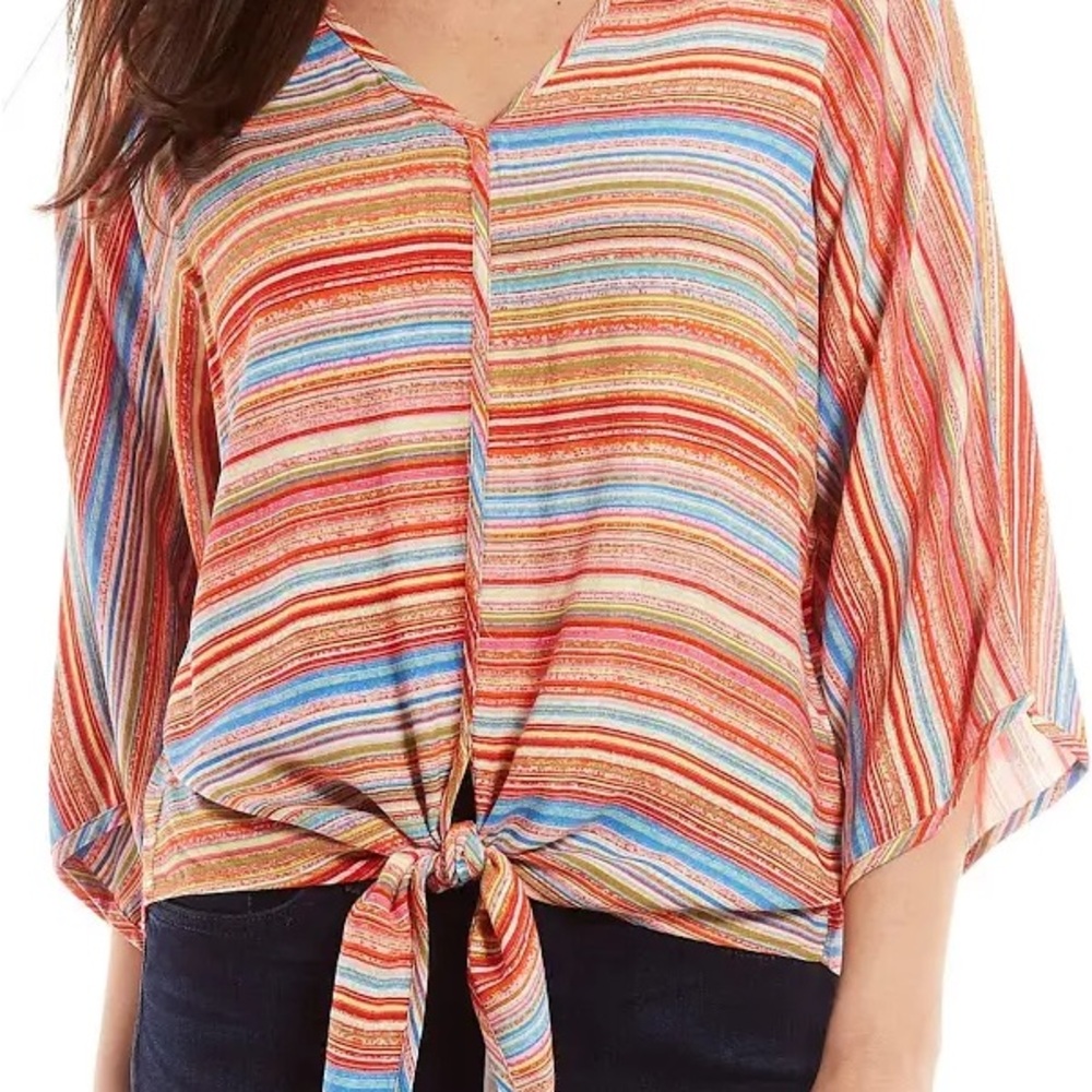 Ali Miles Multicolor Stripe Tie Front Blouse Kimono Sleeve Boho Top M